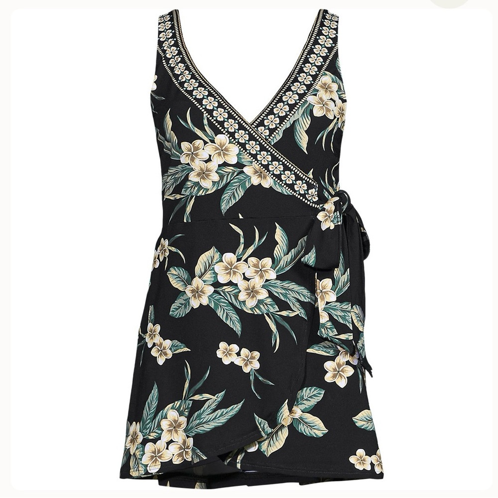 Lands' End Black and Green Plumeria Piece Swimwear with Tropical flower - Picture 4 of 5